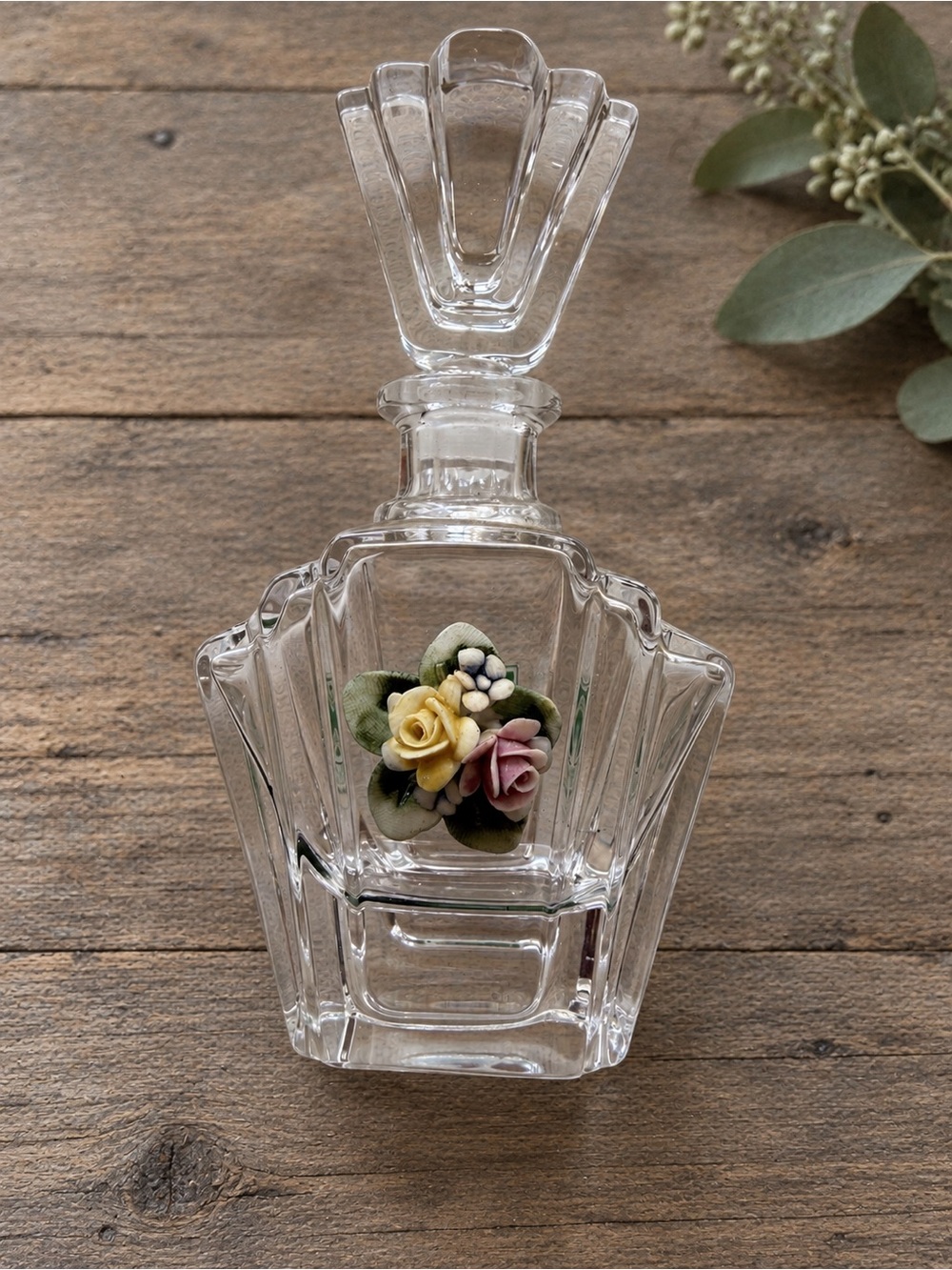 Kristalcolor Italian Lead Crystal Perfume Bottle Floral Fan Stopper